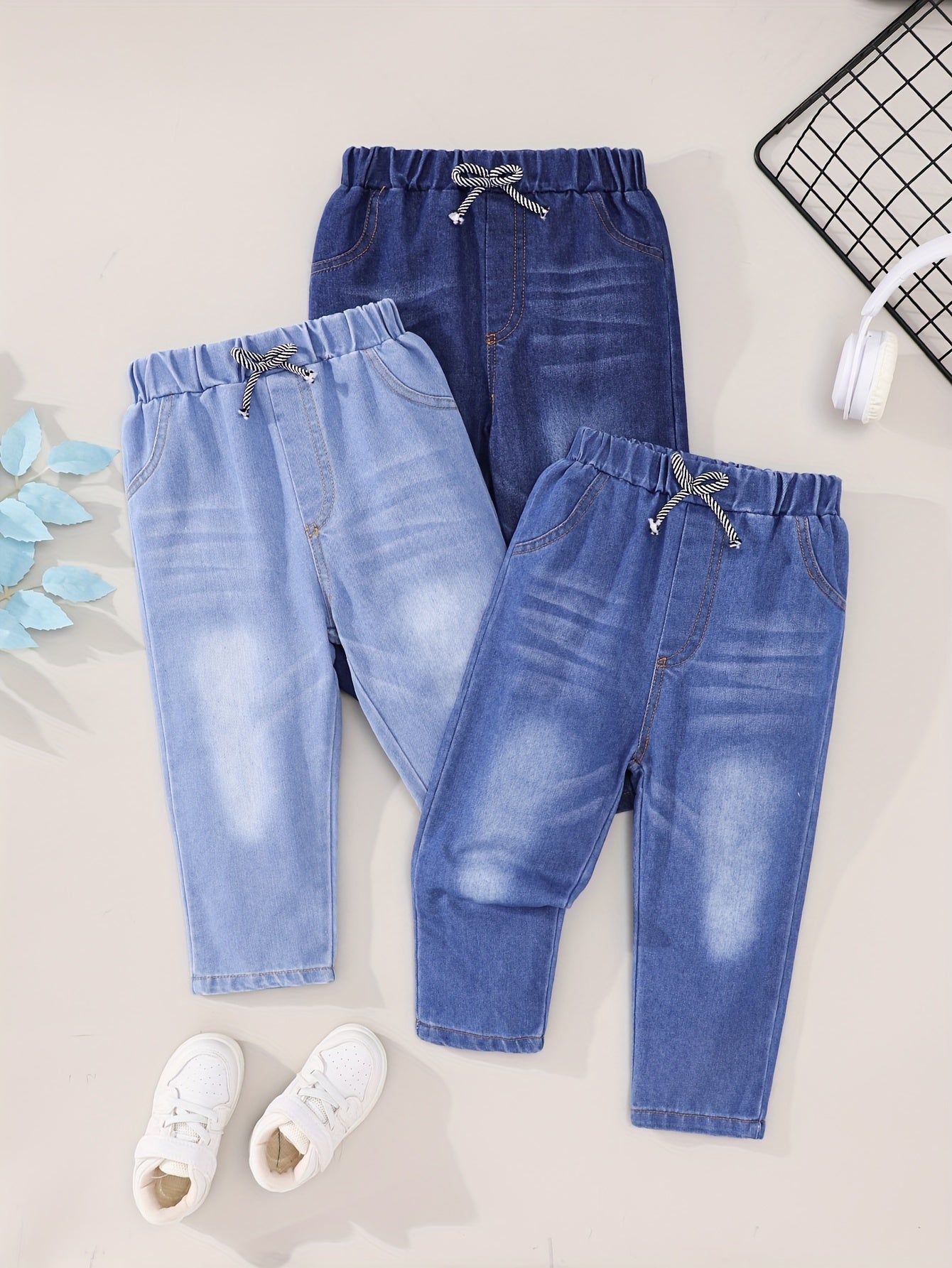 3pcs Boys Denim Pants Kids Casual Vintage Long Length Solid Color Stretch Cotton Polyester Viscose