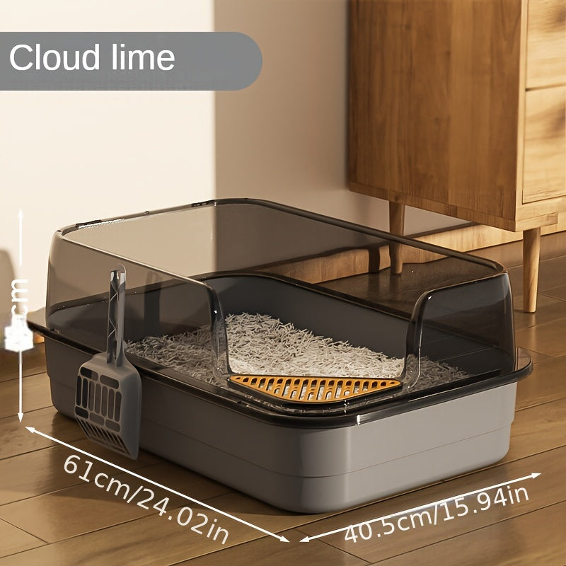 Экстра большой полузакрытый туалет для кошек с высоким бортиком, водоотталкивающим дизайном и объемом 12,1 л. Изготовлен из прочного пластика/полипропилена для легкой очистки, подходит для нескольких кошек.