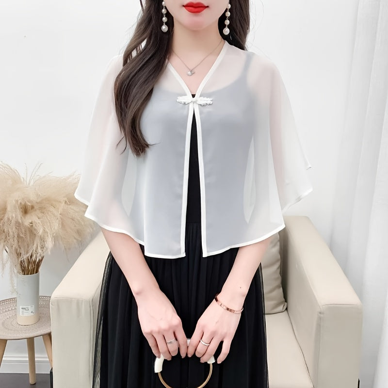 Women’s Chiffon Shawl with Frog Button Closure for Spring and Summer