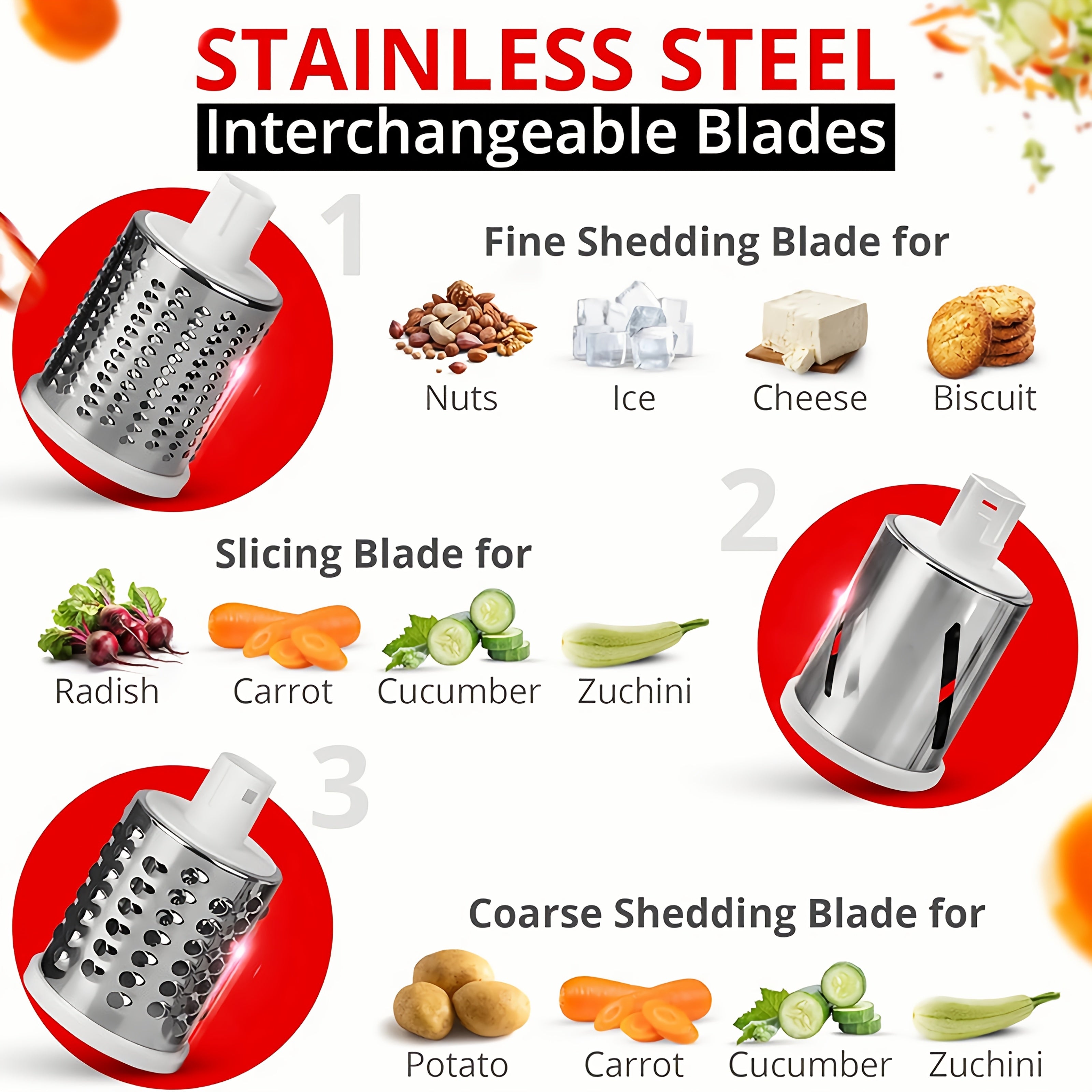 3-in-1 Manual Food Grater with Replaceable Blades for Cheese Vegetables Fruits