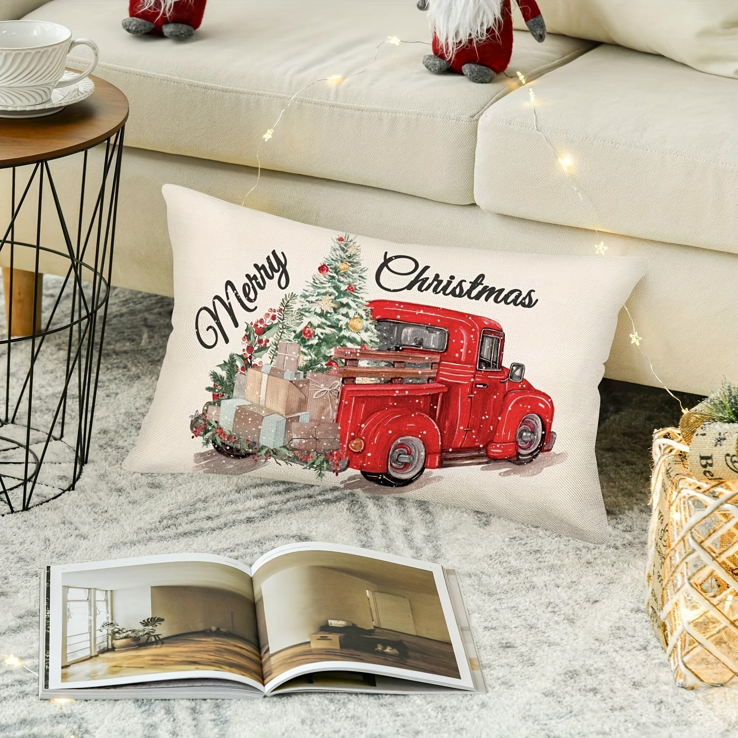 Merry Christmas Red Truck Pillow Cover Linen 30x50cm Zippered Washable