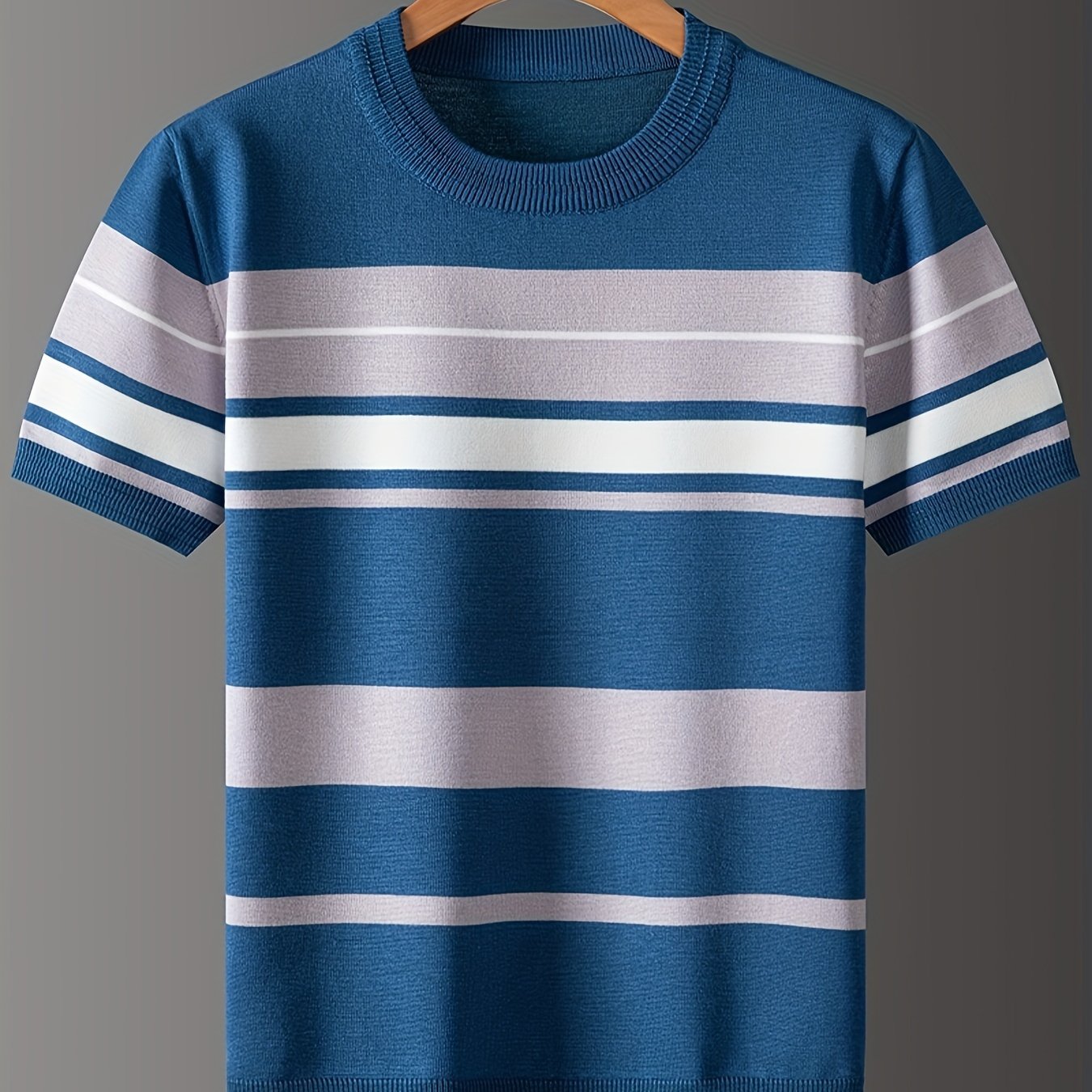 Men's Striped Crew Neck Sweater with Medium Stretch for Spring Fall