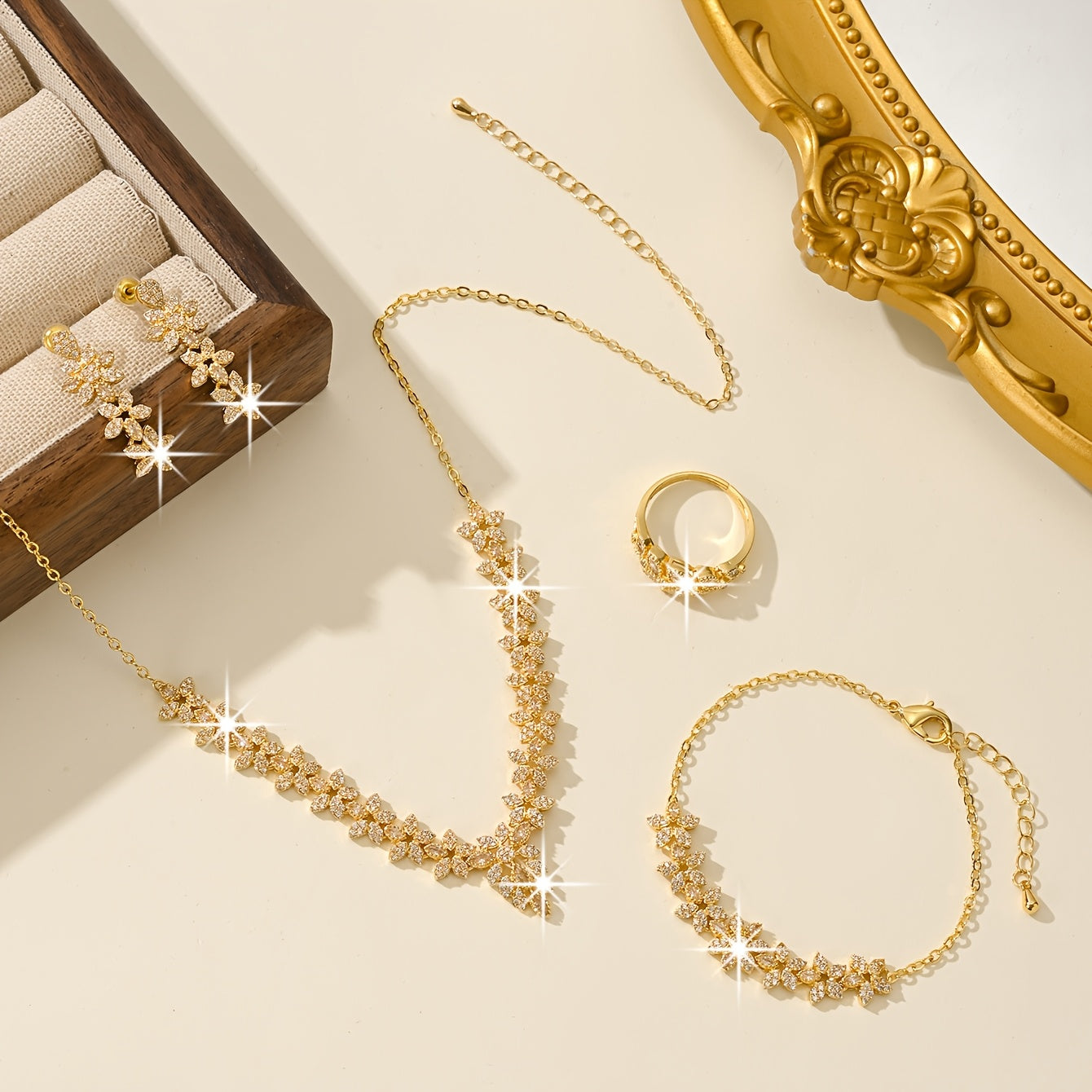 Luxurious Bridal Jewelry Set featuring Star and Flower Designs, 18K Gold Plated, made with Synthetic Zirconia and Copper, perfect for both daily wear and wedding occasions. (5 pieces included)