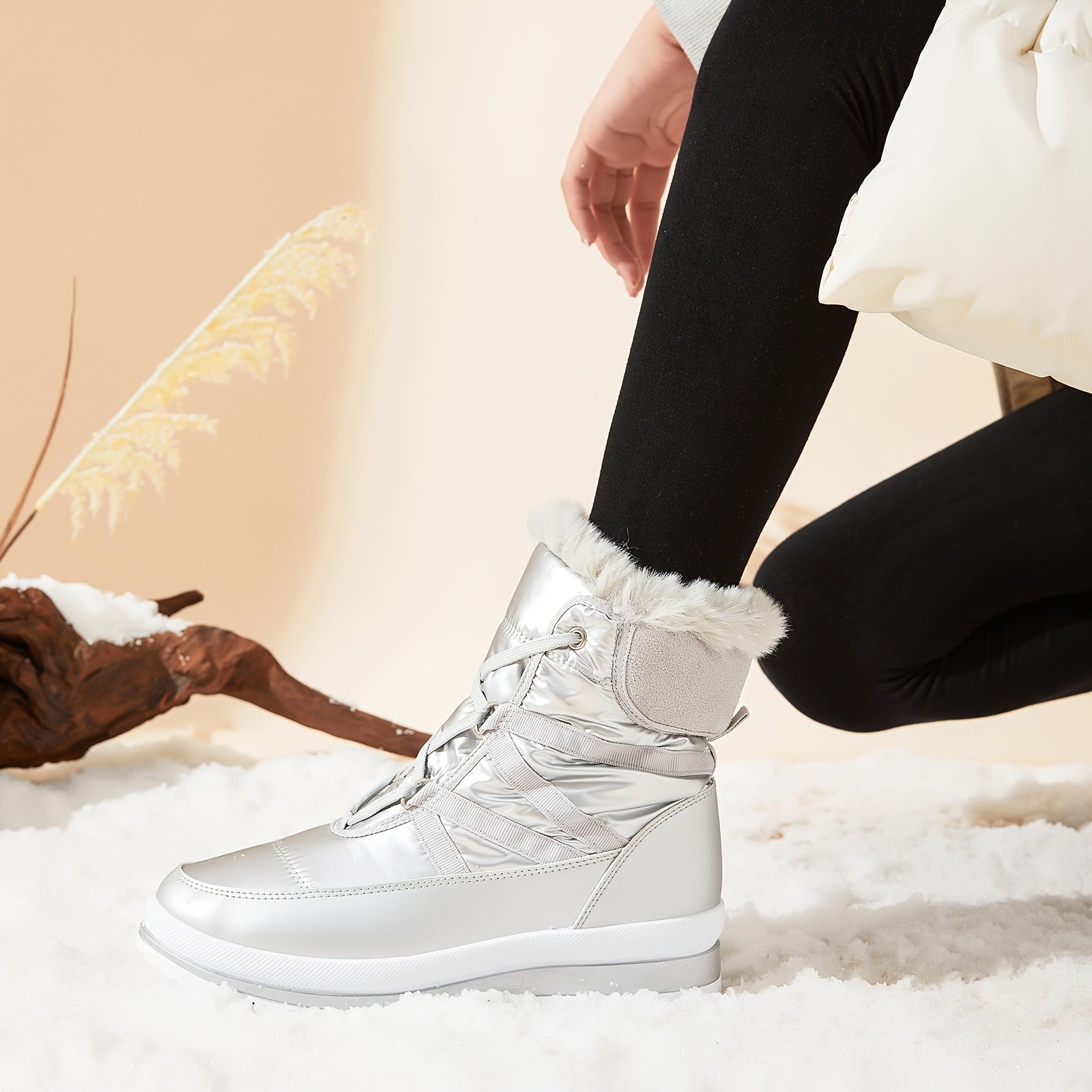 Ayollar uchun qalin platformali poyabzal bilan qishda mid-balandlikdagi fleece-ichki qoplamali botinkalar
