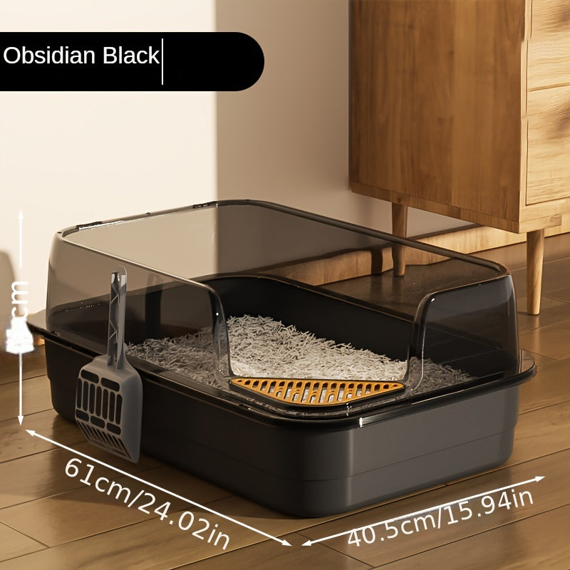 Экстра большой полузакрытый туалет для кошек с высоким бортиком, водоотталкивающим дизайном и объемом 12,1 л. Изготовлен из прочного пластика/полипропилена для легкой очистки, подходит для нескольких кошек.