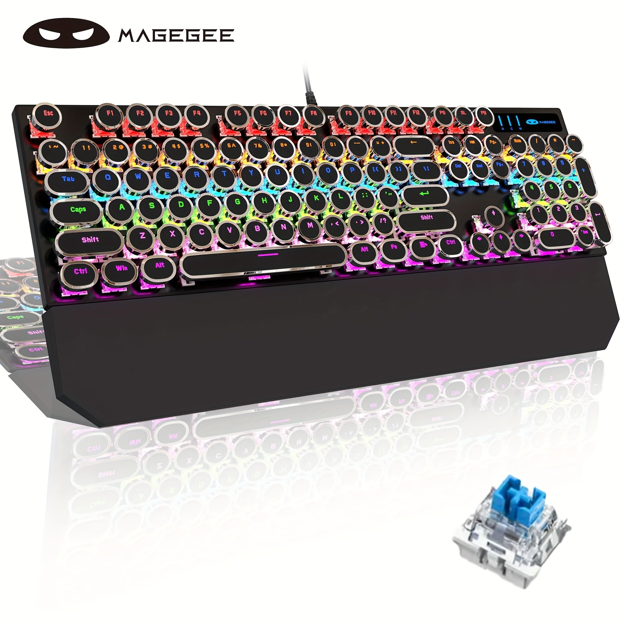 Mechanical Gaming Keyboard with RGB Backlit Round Keycaps for Game and Office Use