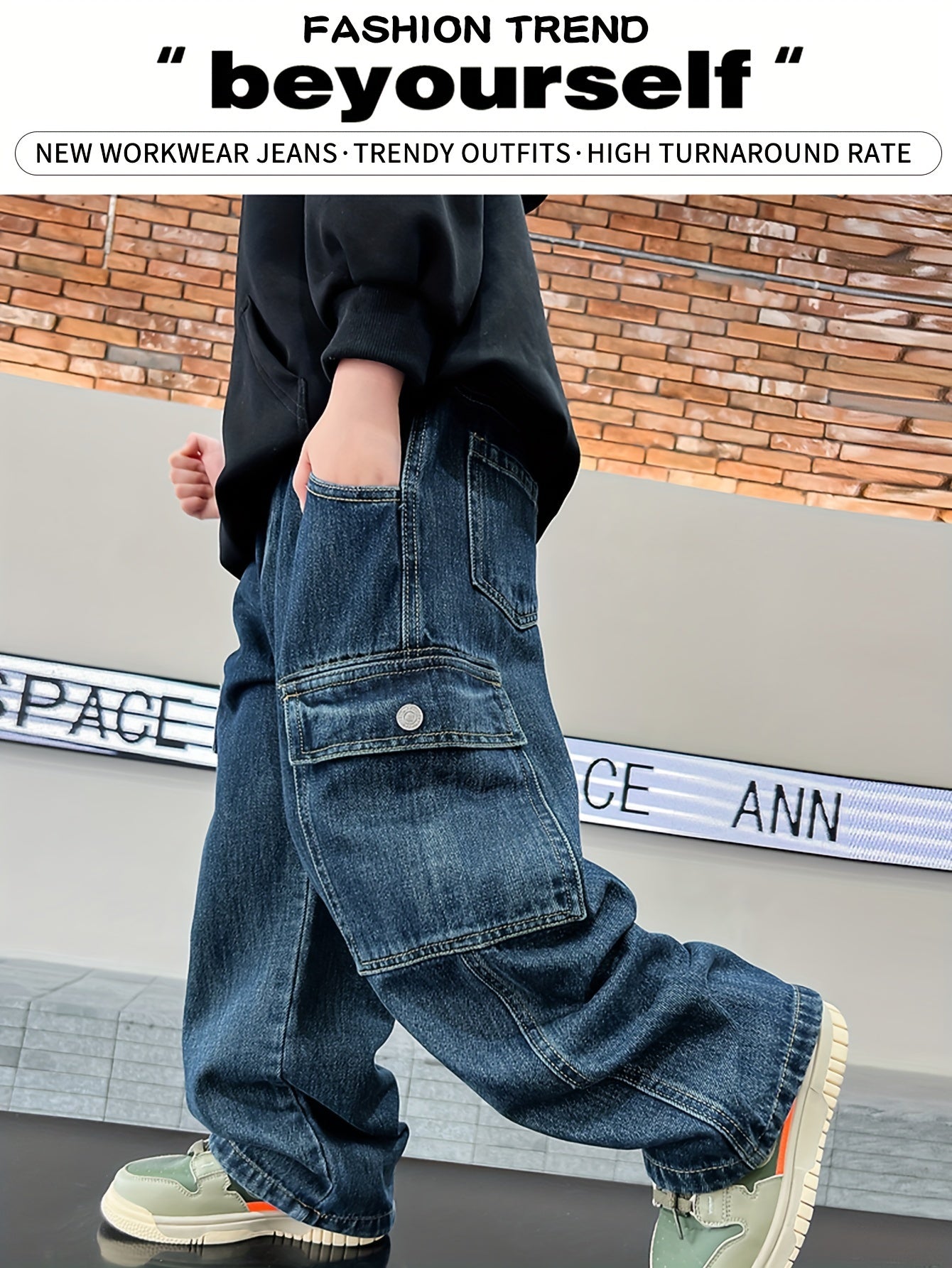 Teen Boys Cargo Pants with Elastic Waist Denim Long Length Casual Streetwear