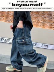 Teen Boys Cargo Pants with Elastic Waist Denim Long Length Casual Streetwear