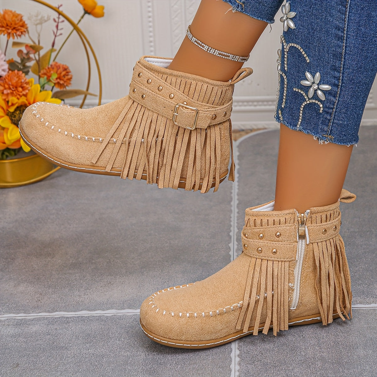 Women’s Short Boots With Tassel Decor, Side Zipper, Comfortable Winter Boots