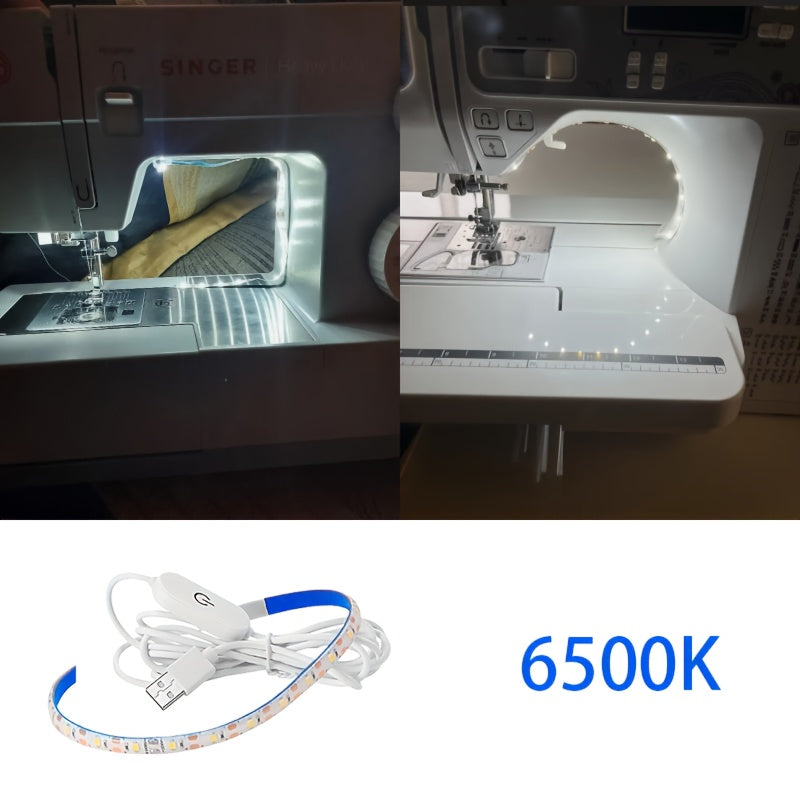 Светодиодная шнуровая лента для шитья с питанием от USB и сенсорным затемнением, энергоэффективный белый свет для стандартных машин, не требует батареек, гибкий пластиковый дизайн для улучшенной видимости при рукоделии.