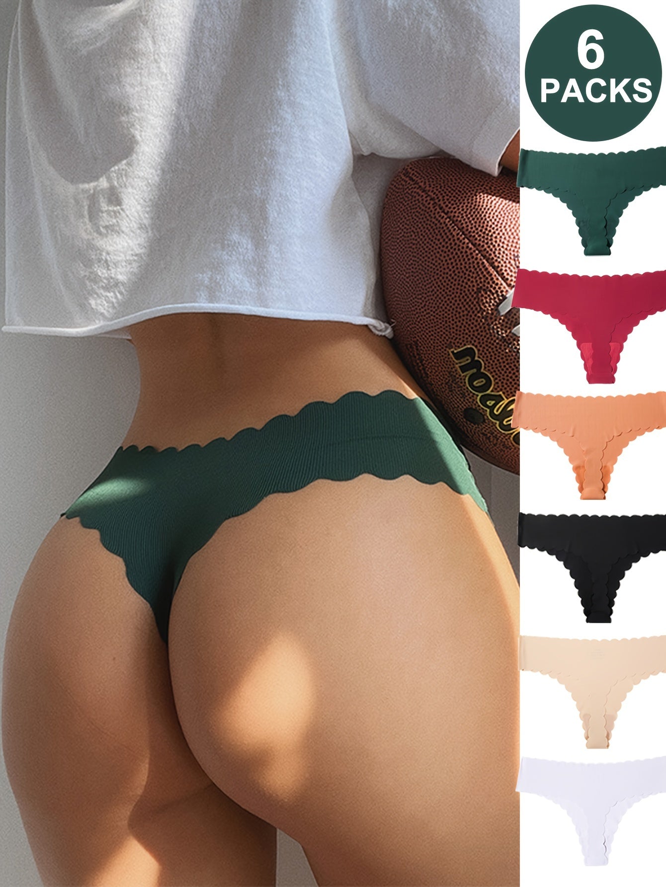 Women’s Seamless Wave-Edge Thongs Pack of 6 Assorted Colors Low-Rise Soft Nylon