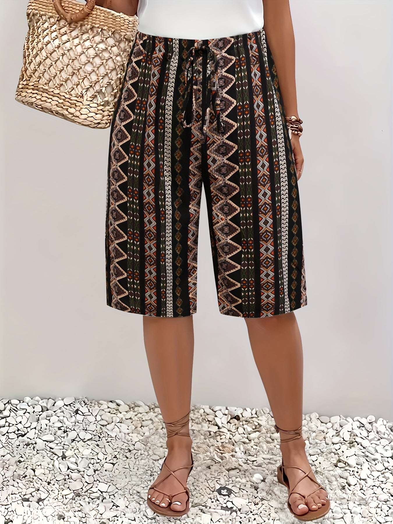 Брюки женские больших размеров с цветными блоками и геометрическим принтом - легкие, с регулируемым поясом