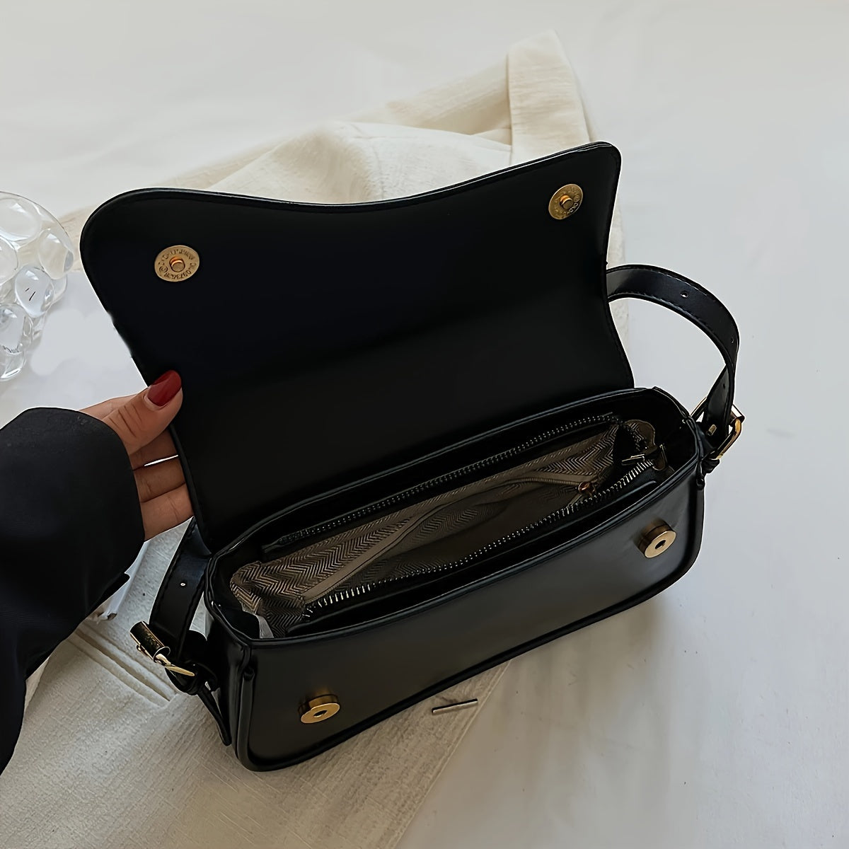 Black Baguette Bag for Women with Adjustable Strap and Gold Hardware