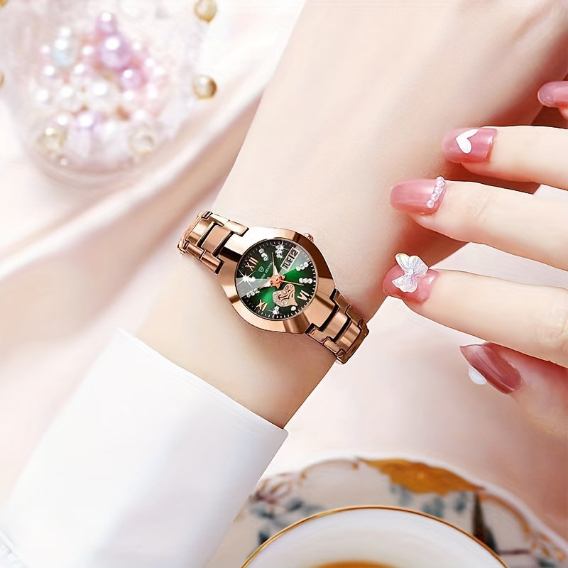 Women’s Heart Quartz Watch with Rhinestones Luminous Dial and Date Function