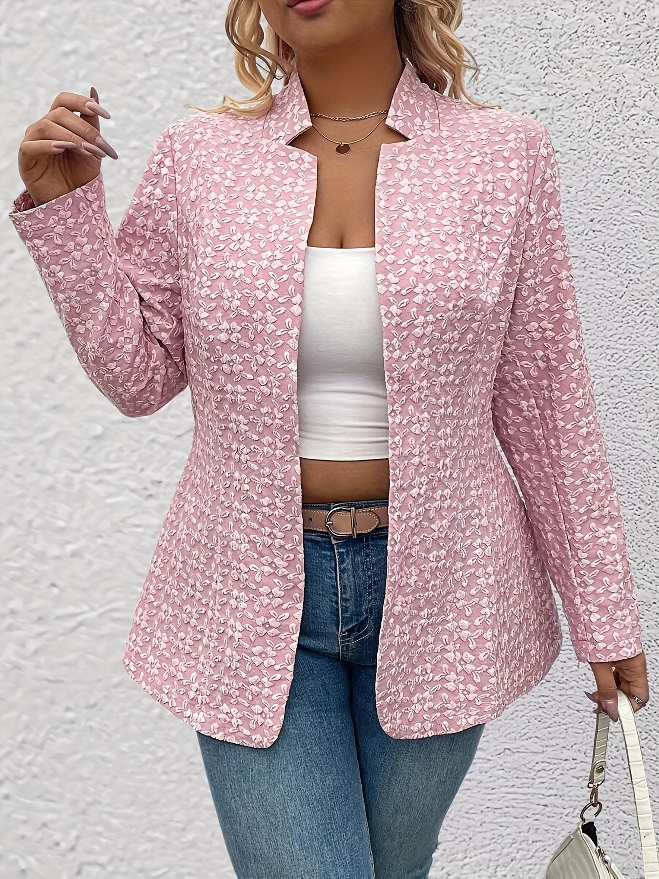 Plus Size Women's Pink Jacquard Mid-Length Blazer Long Sleeve Solid Color