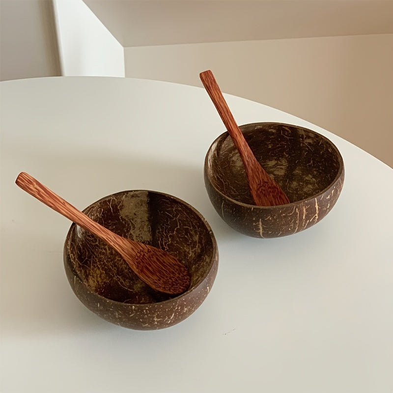 Set of 4 Coconut Bowls with Wooden Spoons for Yogurt and Salads