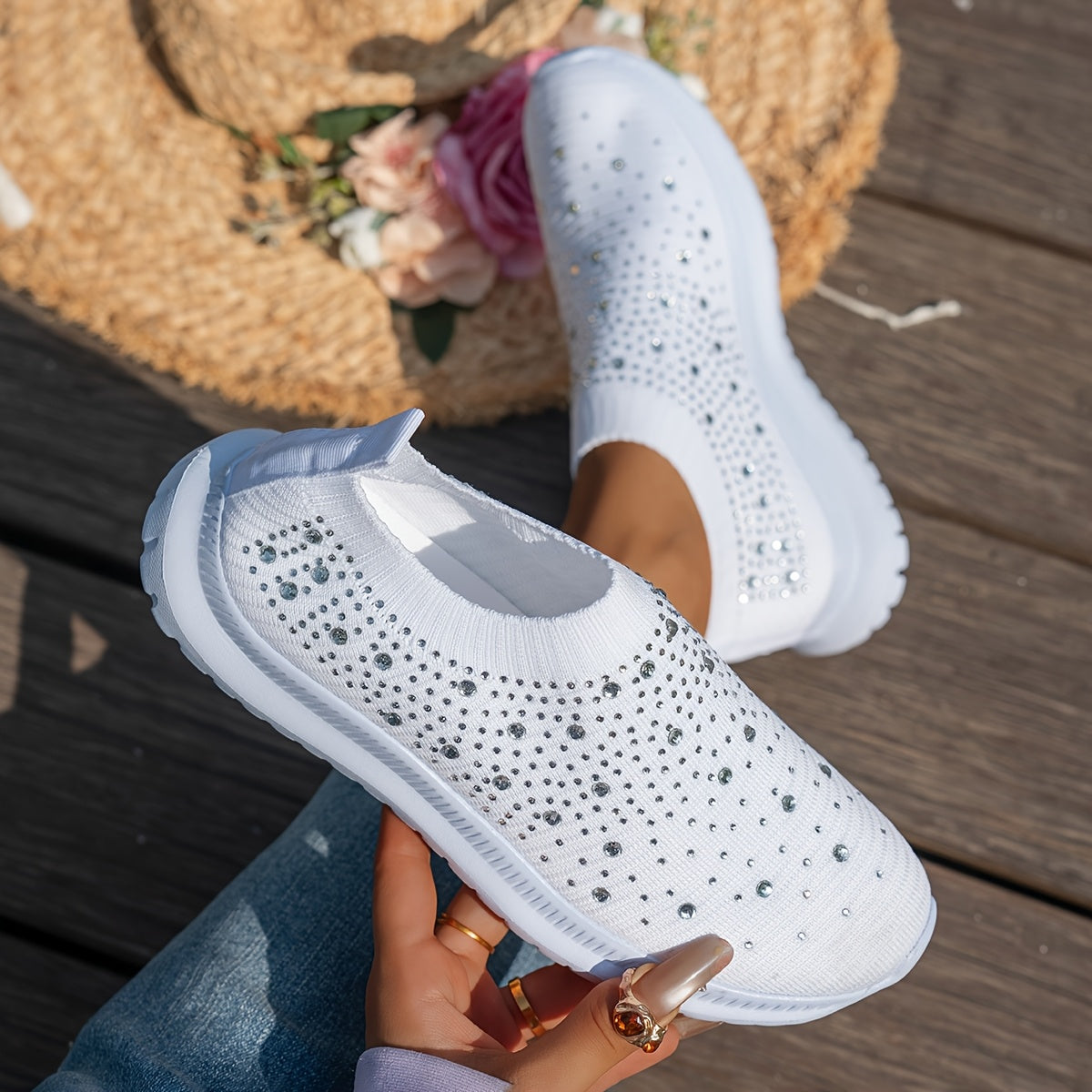 Women's Breathable Slip-On Casual Sneakers with Sparkling Crystal Accents