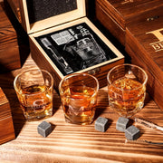 Set of 4 Personalized Whiskey Glasses with Wooden Box Gift Set for Groomsmen Fathers and Bachelors