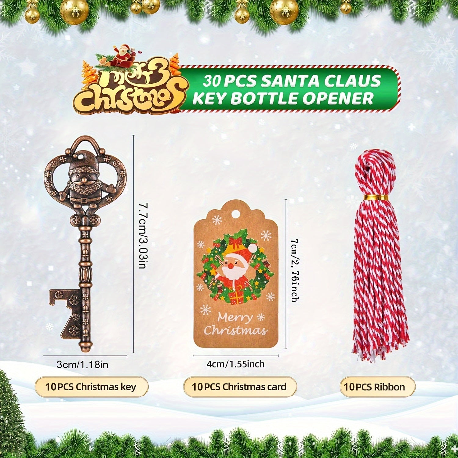 Santa Claus Bottle Openers Set for Christmas Party Favors with Cards and Ropes