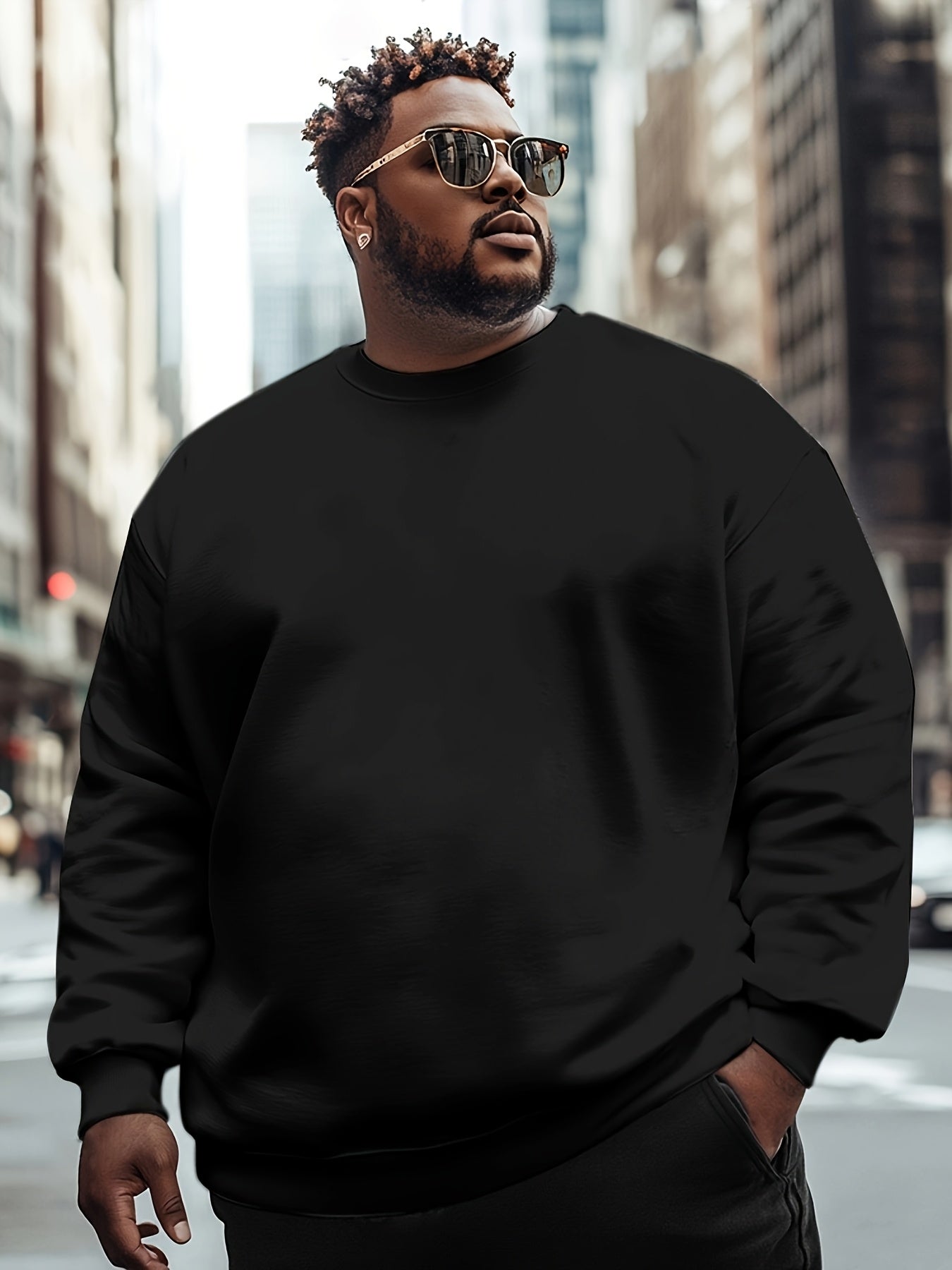 Men's Plus Size Fleece-Lined Crew Neck Sweatshirt with Hood Solid Color Stretch Fabric