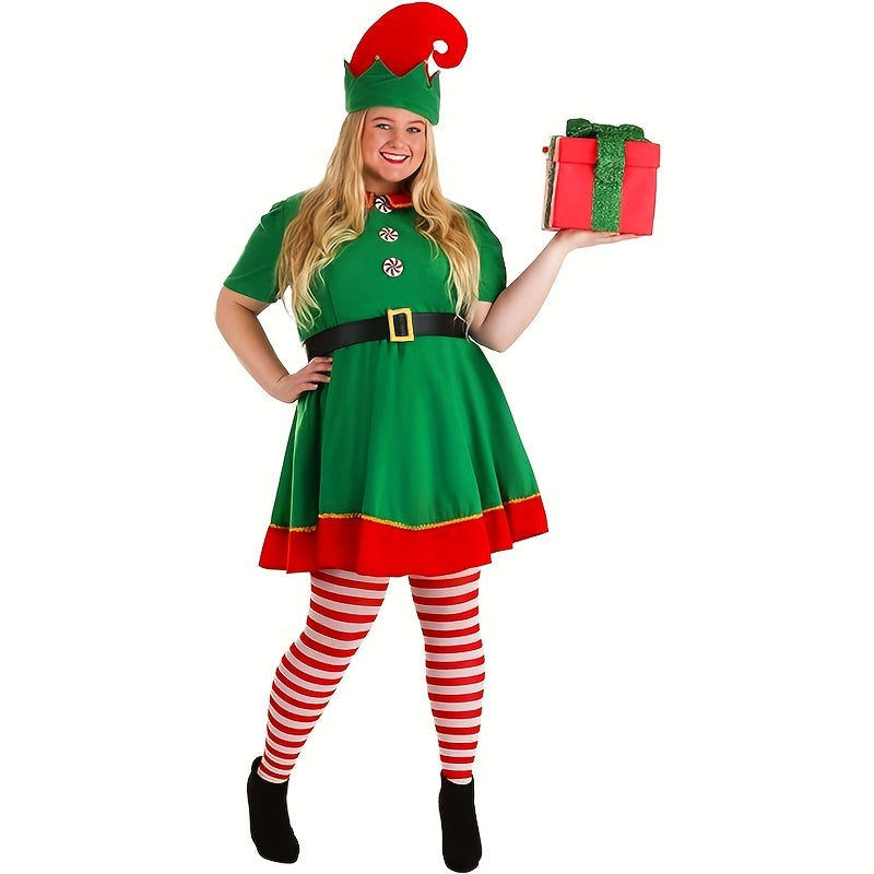 Women's Christmas Elf Costume Set Includes Dress Hat Socks Belt Holiday Party Wear