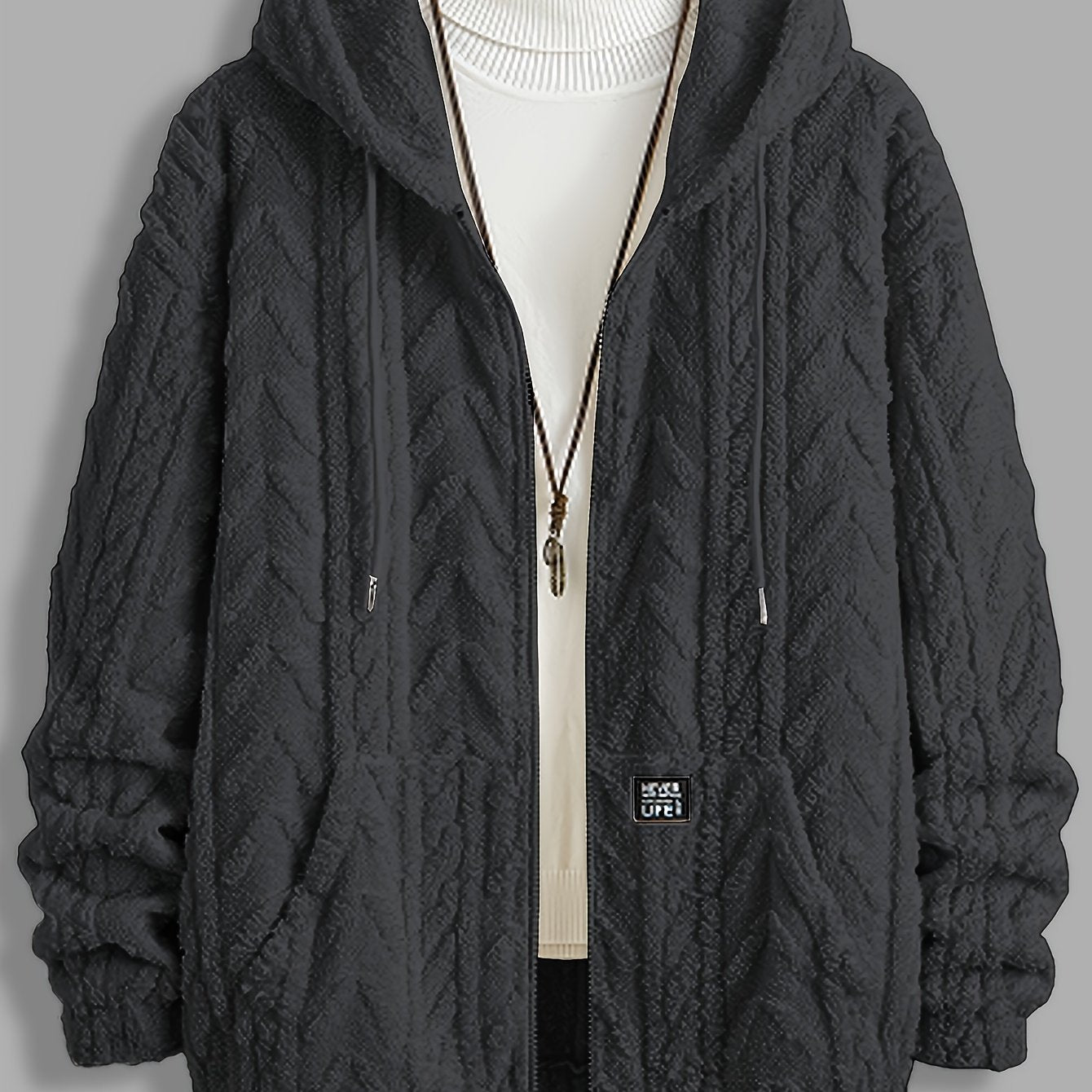 Men's Plush Jacquard Hoodie with Tassel Detail and Contrast Drawstring for Casual Winter Wear