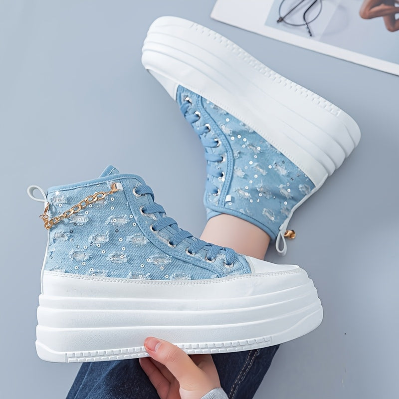 Women's High-Top Sneakers - Black White Blue with Gold Chain Casual Shoes