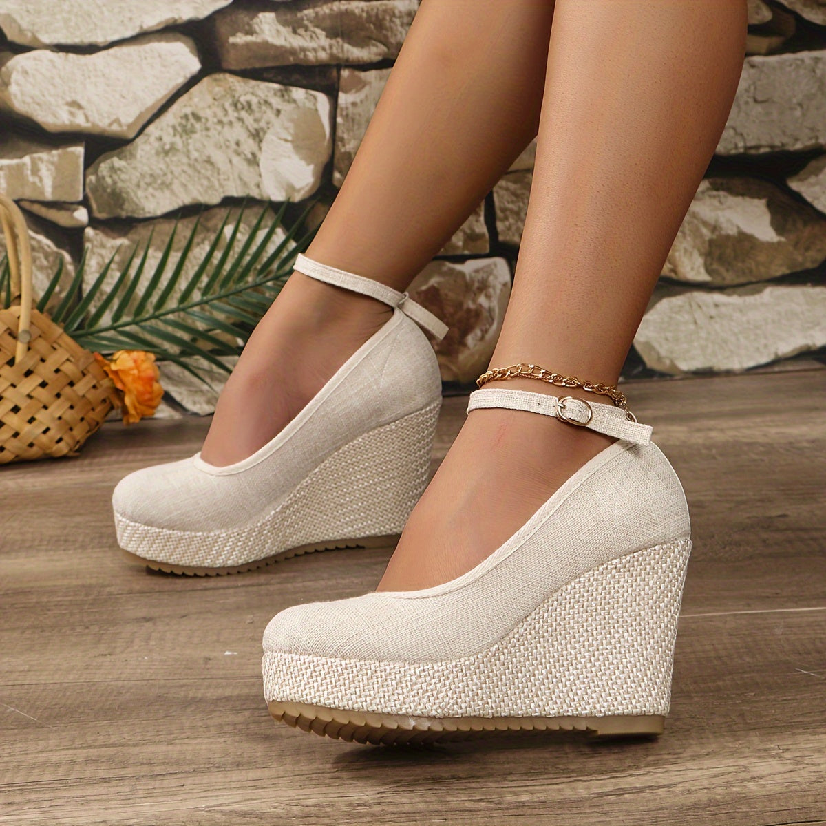 Women's Flax Fabric Pumps with Rubber Sole, Ultrahigh Platform Heel