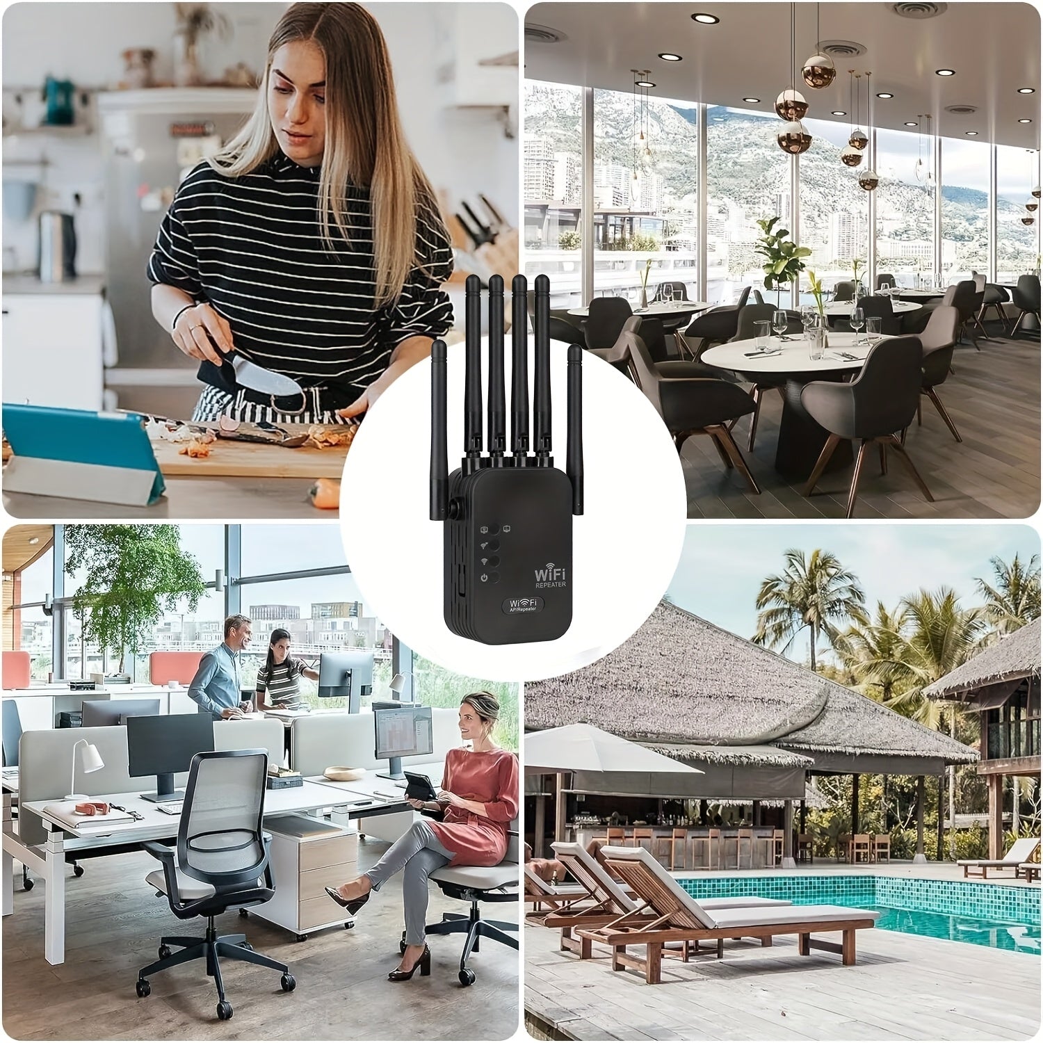 Momotor WIFI kengaytirgichi 6 antennali ikki diapazonli WiFi takrorlagich bo'lib, 1200Mbps gacha tezlikni va Ethernet ulanishini qo'llab-quvvatlaydi. U uylar, savdo markazlari va foydalanish uchun mos keladi.