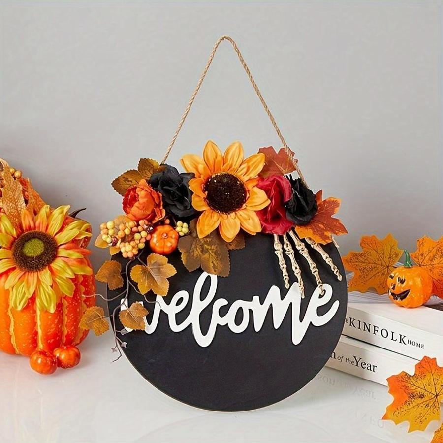 Wooden Halloween Door Sign Yellow Black Wreath Welcome Decoration