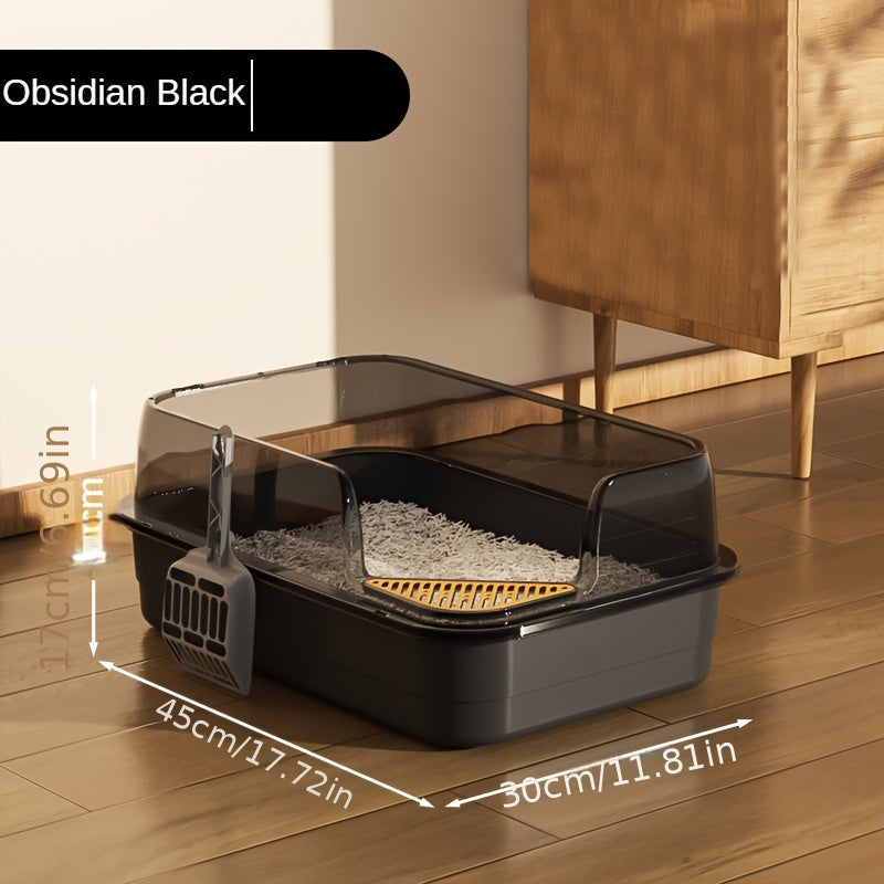 Экстра большой полузакрытый туалет для кошек с высоким бортиком, водоотталкивающим дизайном и объемом 12,1 л. Изготовлен из прочного пластика/полипропилена для легкой очистки, подходит для нескольких кошек.