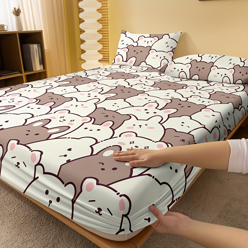 Cartoon Bear Print Fitted Sheet Soft Comfortable Mattress Protector Deep Pocket Bed Sheet