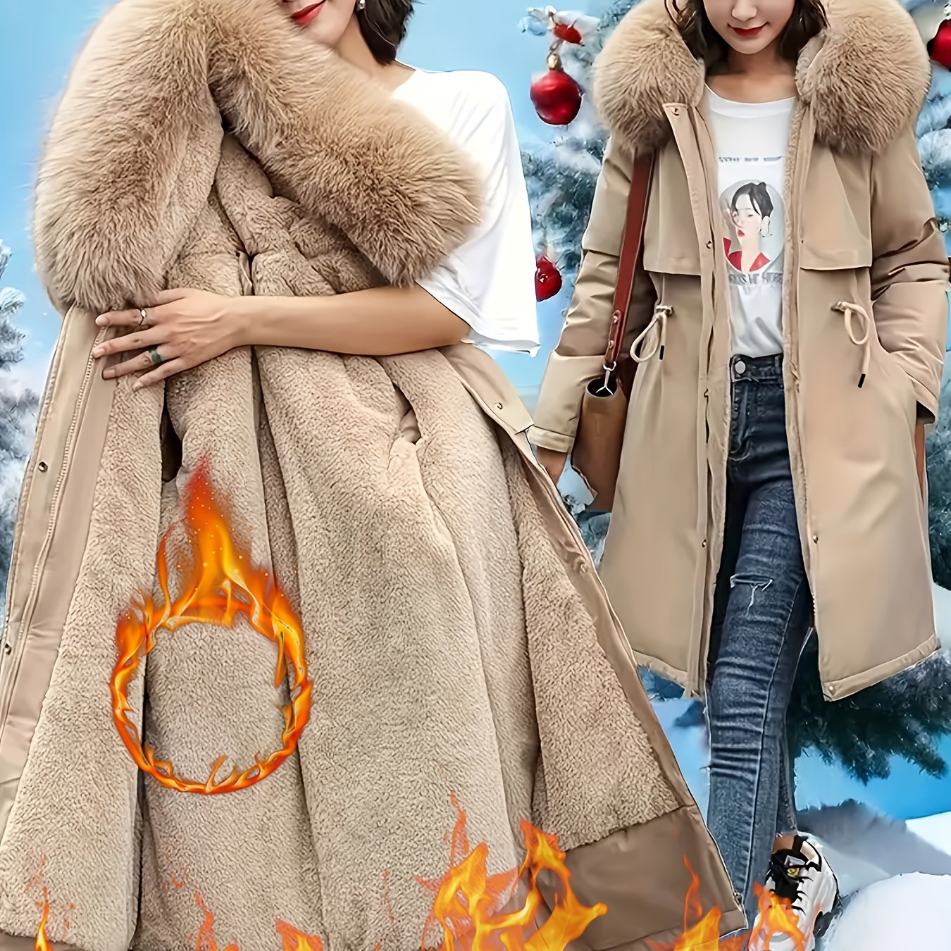 Parka beige adelgazante para mujer con capucha desmontable de pelo sintético, forro de felpa, a prueba de viento