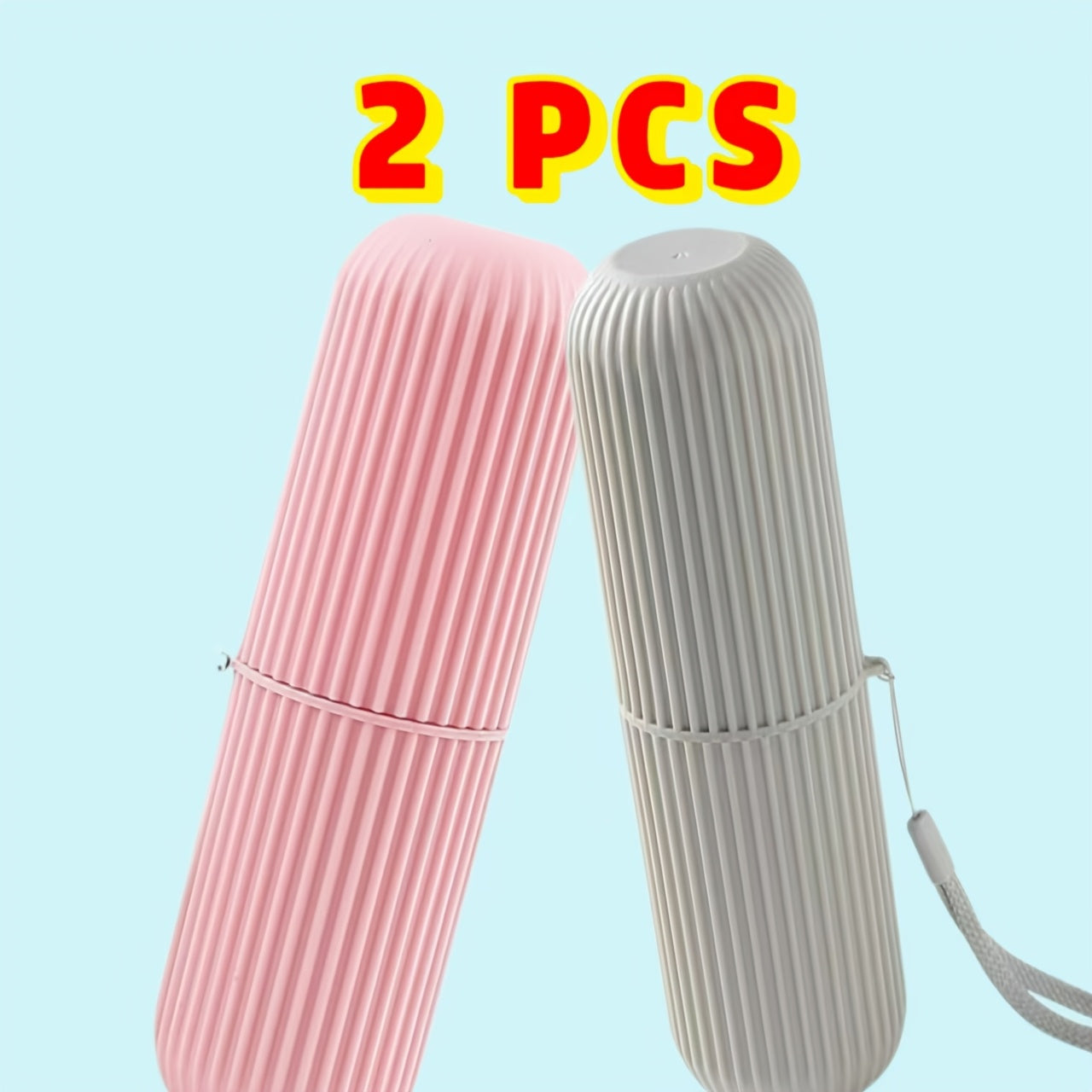 2pcs Pink and Grey Portable Plastic Toothbrush Storage Cases with Lanyard
