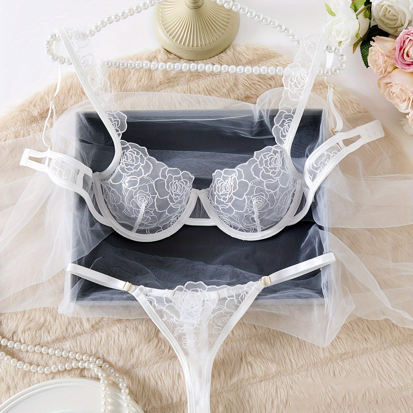 Women's Sheer Floral Embroidered Lingerie Set with Breathable Solid Color Bra and Thong