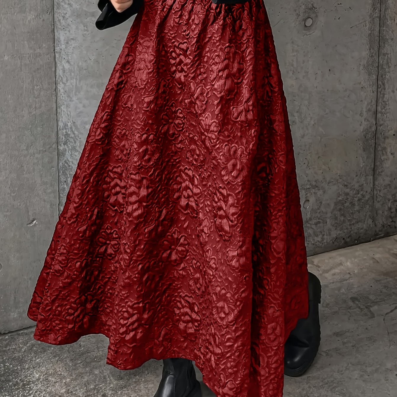 Falda midi de línea A de cintura alta con superposición de encaje floral en rojo para mujer