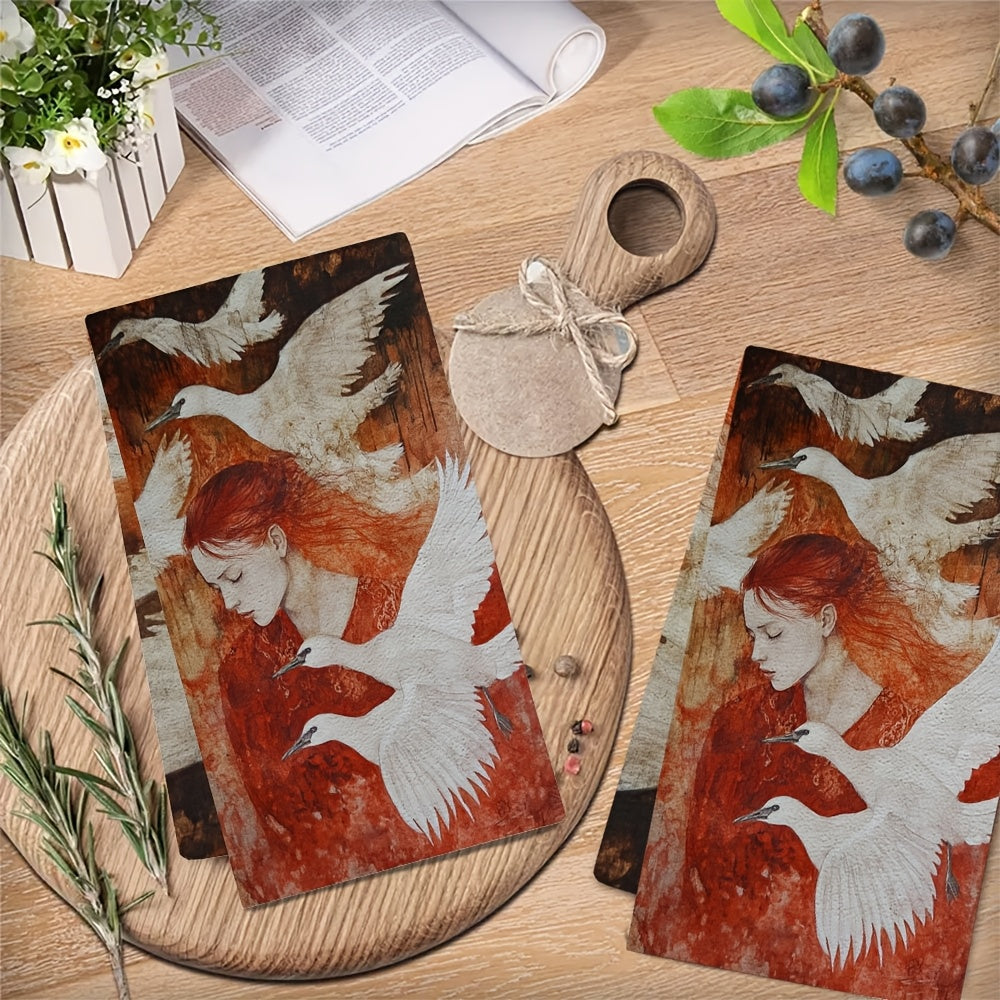 Set of 2 Swan and Red-Haired Woman Kitchen Towels Ultra Soft Absorbent 16x24 Inches