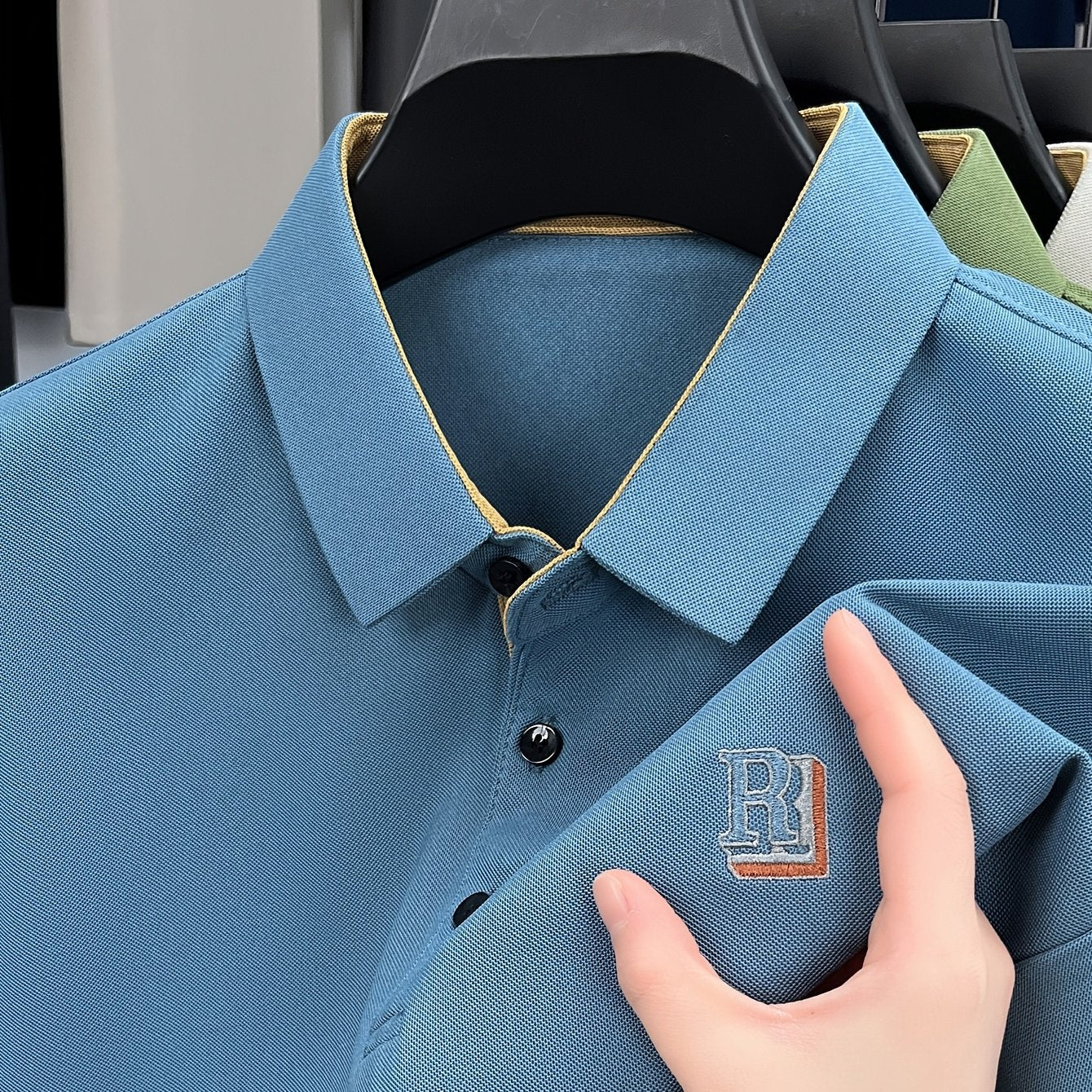 Men's Summer Casual Knitted Shirt Short Sleeve Embroidered Lettering Solid Color Breathable Fabric