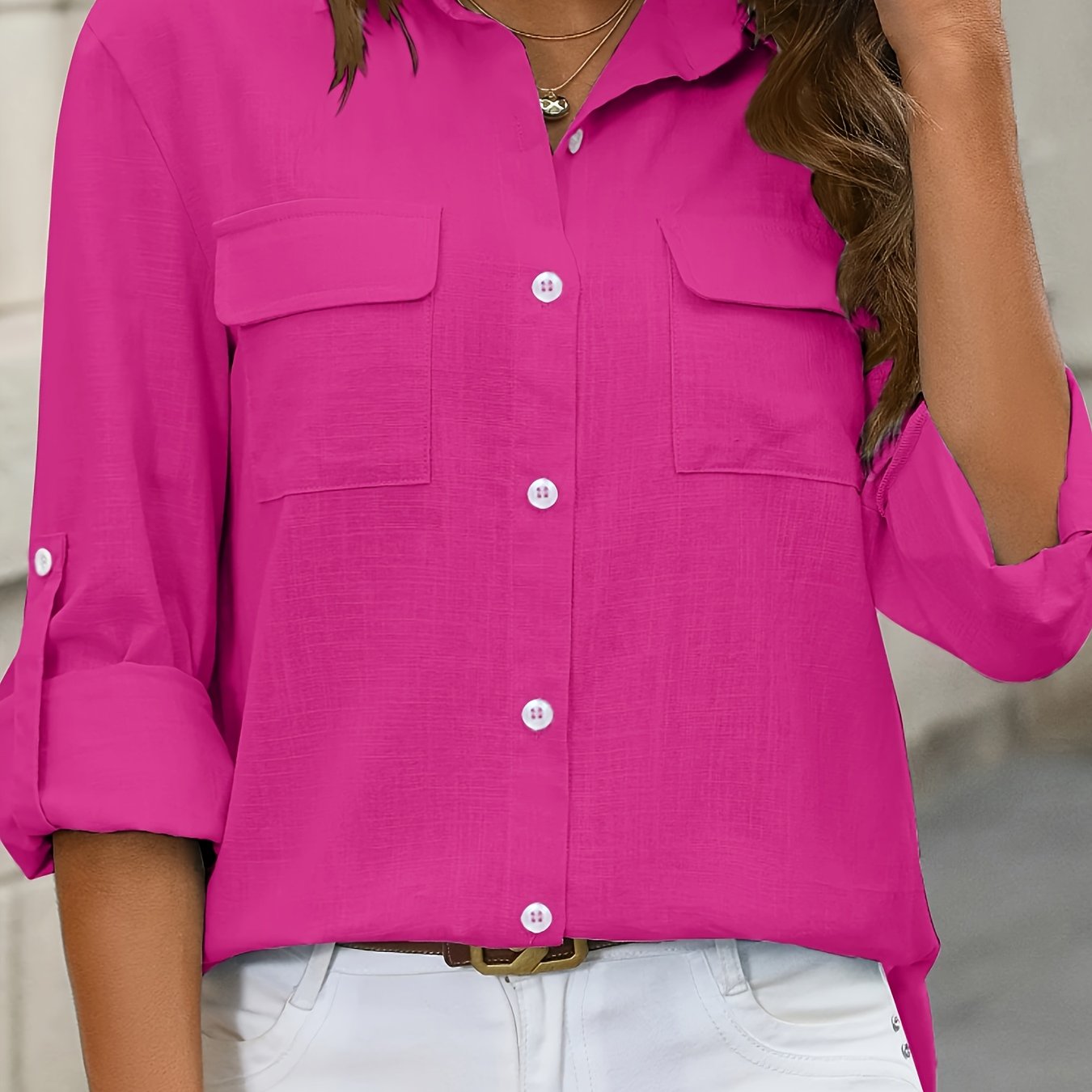 Women's Cotton Long-Sleeve Solid Color Blouse with Turn-Down Collar and Flap Pockets