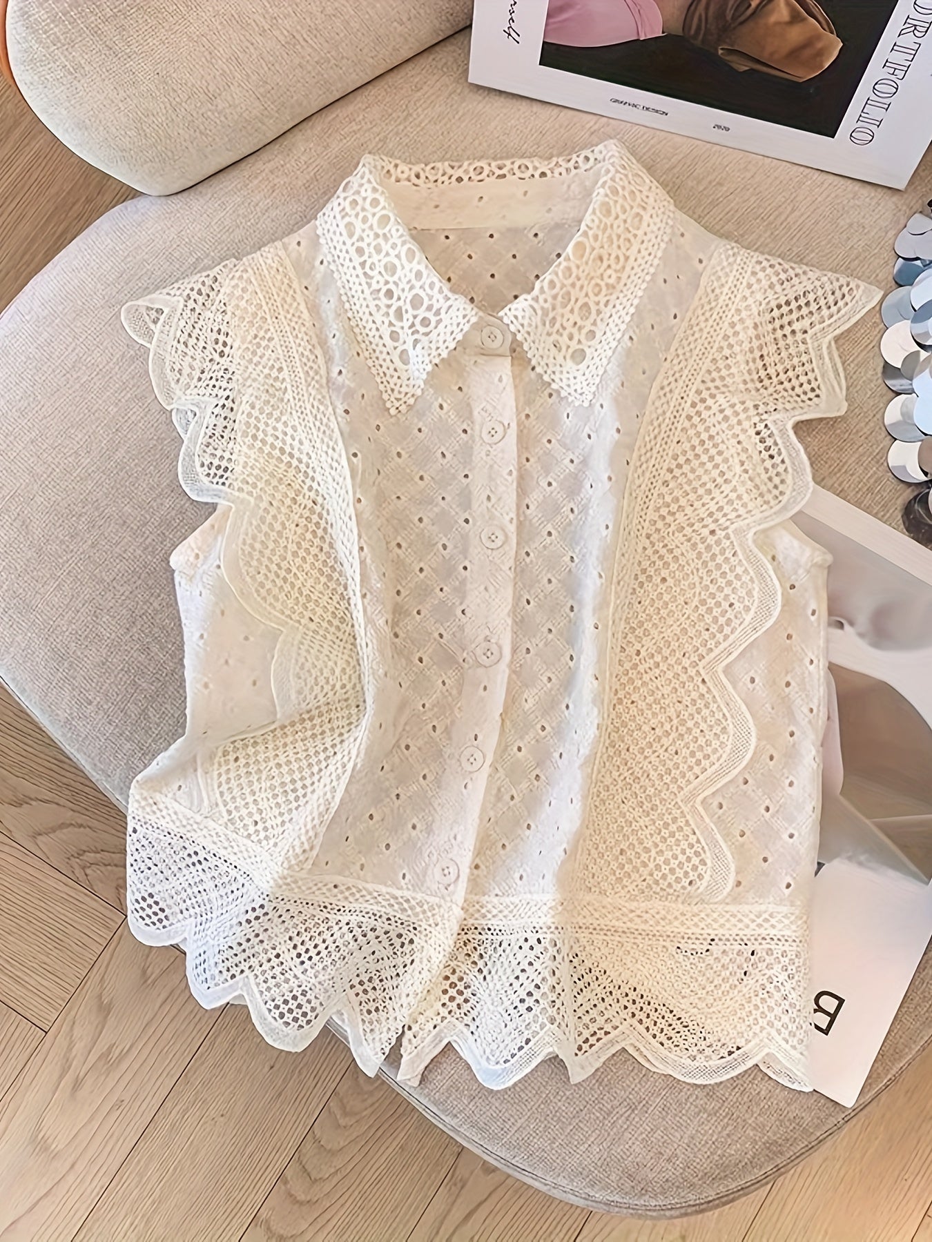 Women's Summer Cotton Blouse with Embroidered Lapel Collar and Single Breasted Placket