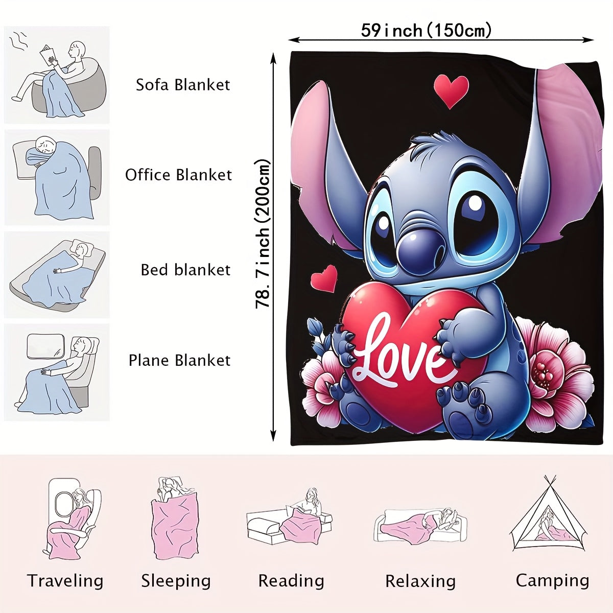 Cute Stitch Cartoon Love Heart Flannel Throw Blanket Soft Fleece All-Season