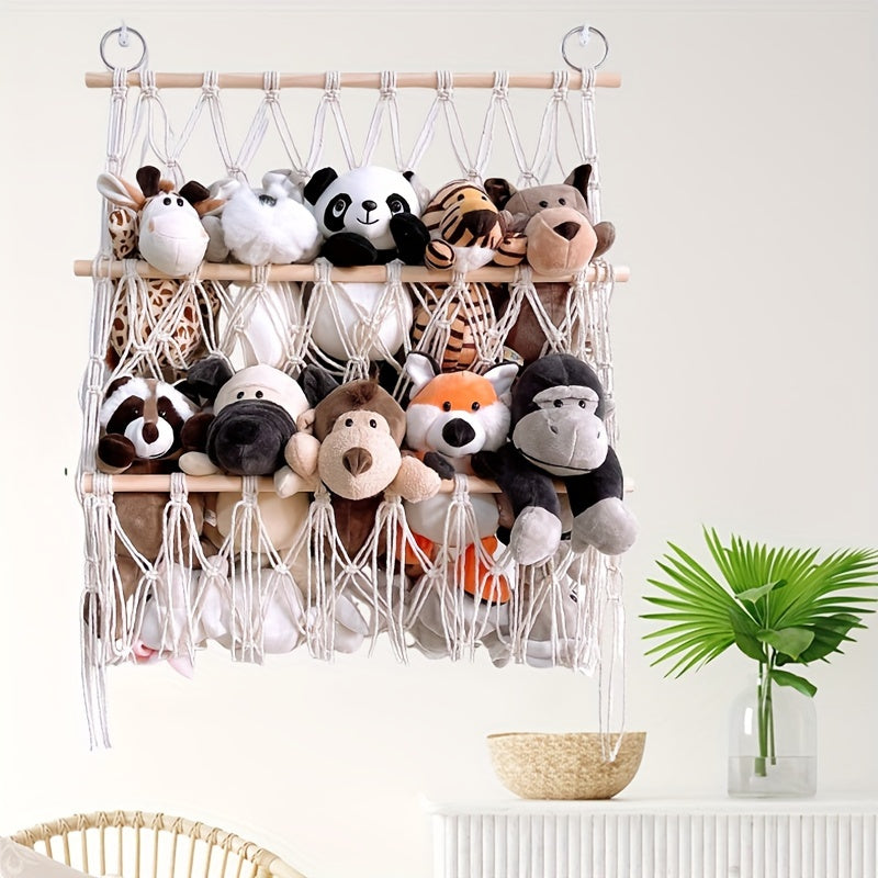 Bohemian Plush Toy Storage Rack with Handwoven Baskets for Bedroom Bathroom and Crafts