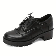 Women's Retro Brogue Oxfords Black Faux Cover Anti-Slip Thick Sole Shoes Size 44 45