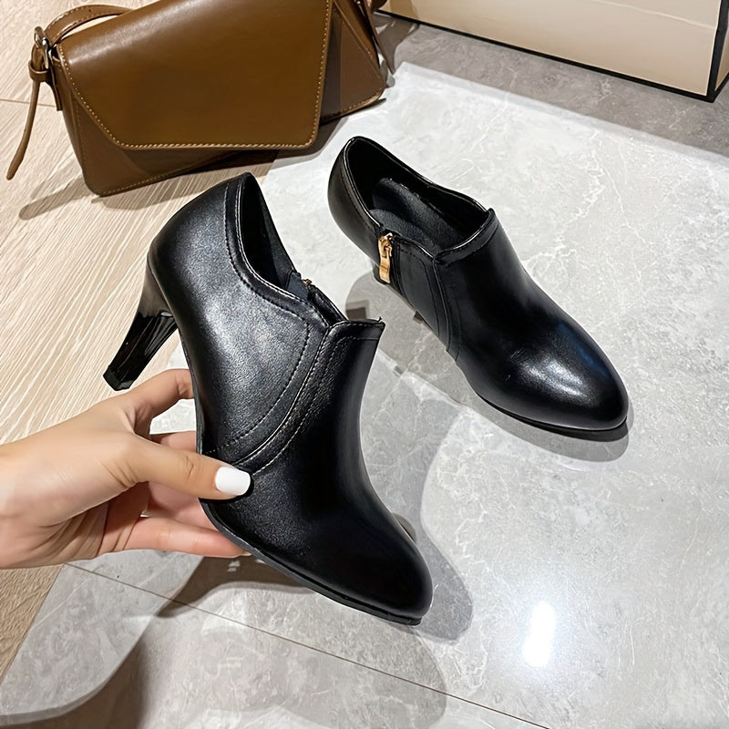 Women's Solid Color Block Heeled Boots with Side Zipper Dress Shoes