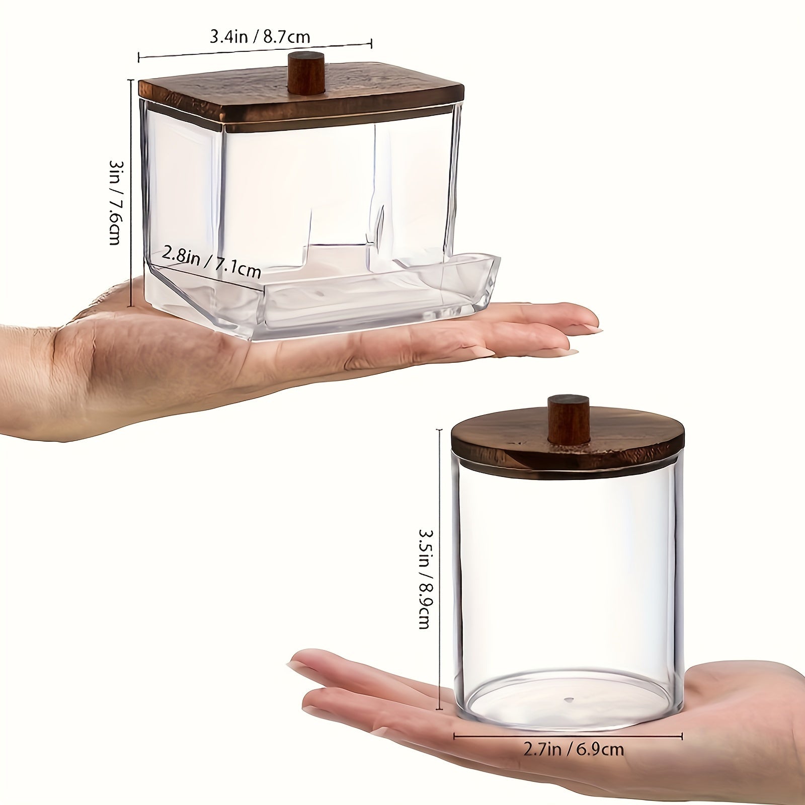 Bathroom Storage Container Set with Brown Wood Lids for 7oz or 10oz Swabs and Cotton Balls