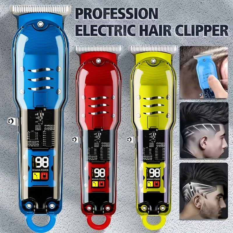 Прозрачный набор машинки для стрижки волос с ЖК-дисплеем, USB-заряжаемый. Подходит для использования в салоне и дома. Включает литиевый аккумулятор и зажимы для волос.