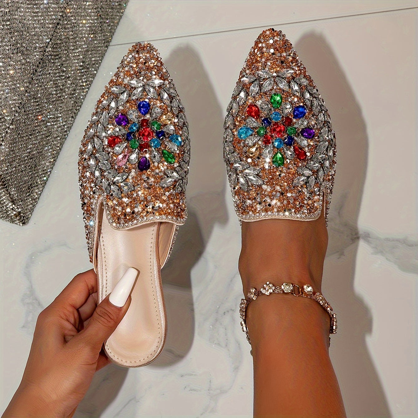 Women's Rhinestone-Embellished Champagne Pointed Toe Flat Sandals Slip-On Summer Shoes