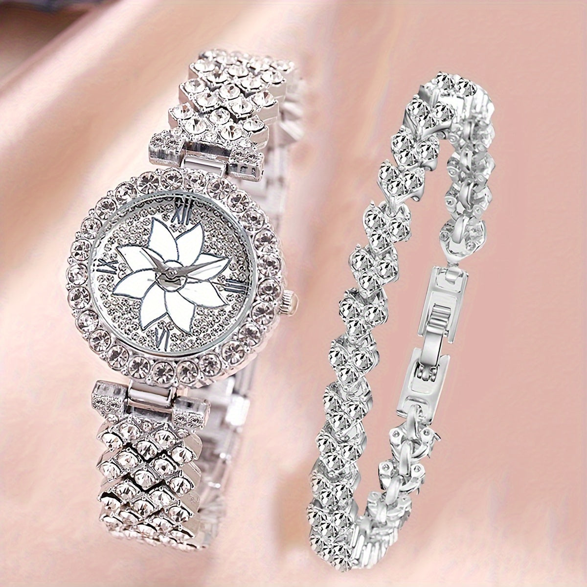 Women's Wrist Watches Set with Rhinestones and Stainless Steel Bands