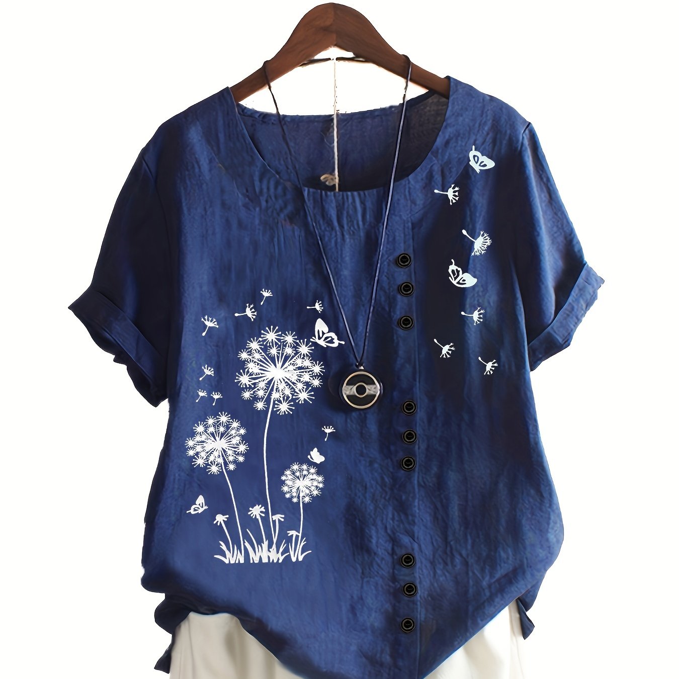 Plus Size Dandelion Print Short Sleeve T-Shirt Women Casual Crew Neck Summer
