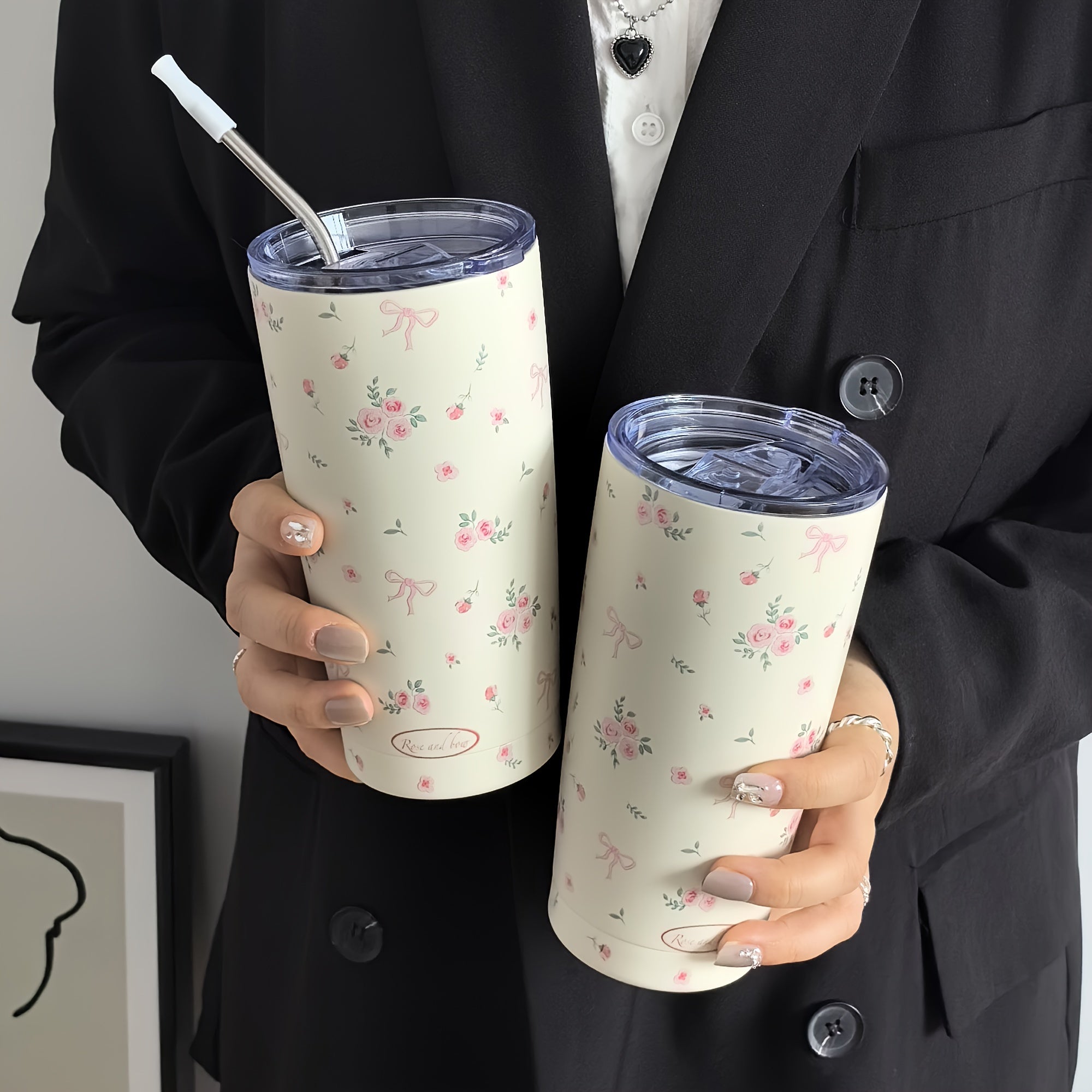 Insulated Stainless Steel Travel Mug with Rose Floral Butterfly Design Double Wall Hot Cold Beverage Tumbler